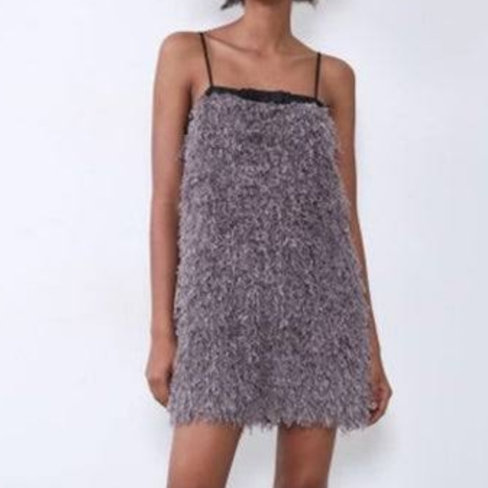 Zara Gray Faux Feather Dress